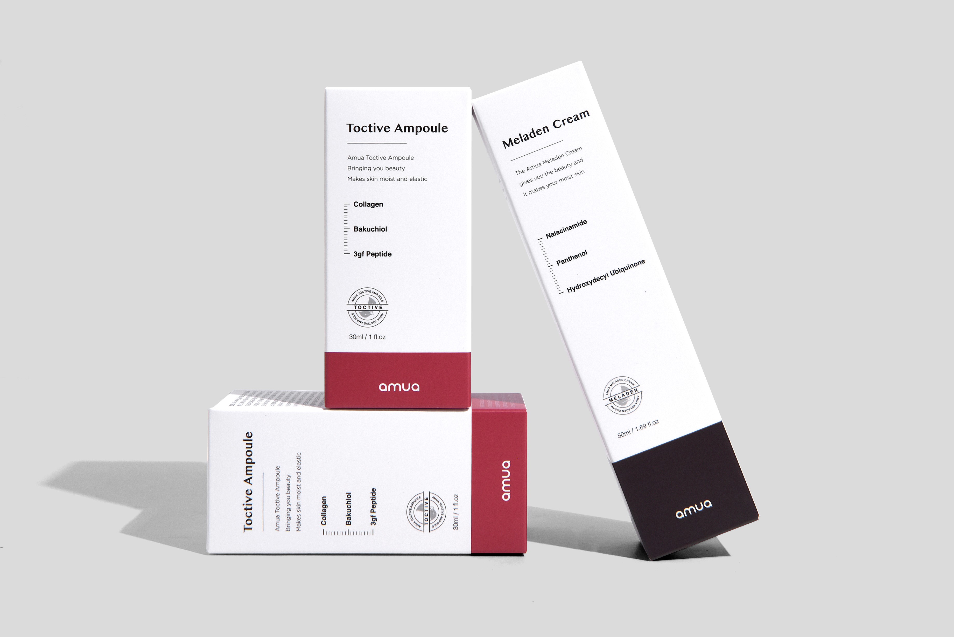아무아 멜라덴 크림 및 톡티브 앰플 화장품 패키지 제작하여 1